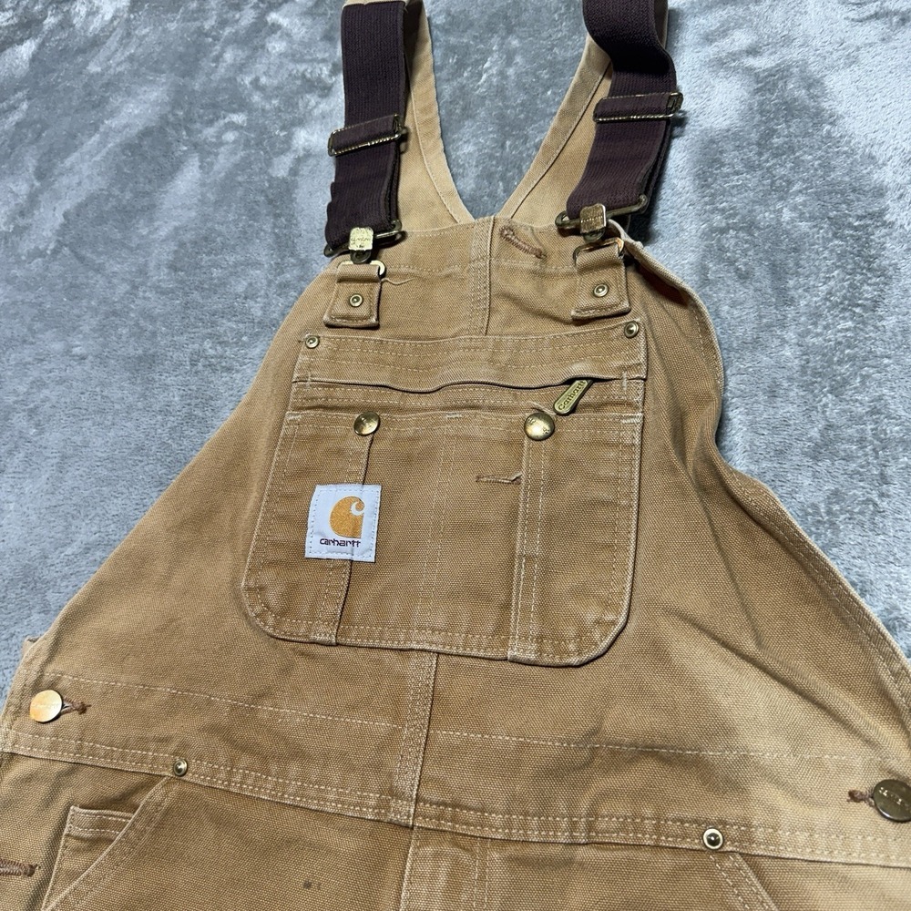Carhartt Overalls Mens 34x32 Beige Tan Double Knee Canvas Workwear Straight Leg - Picture 4 of 12